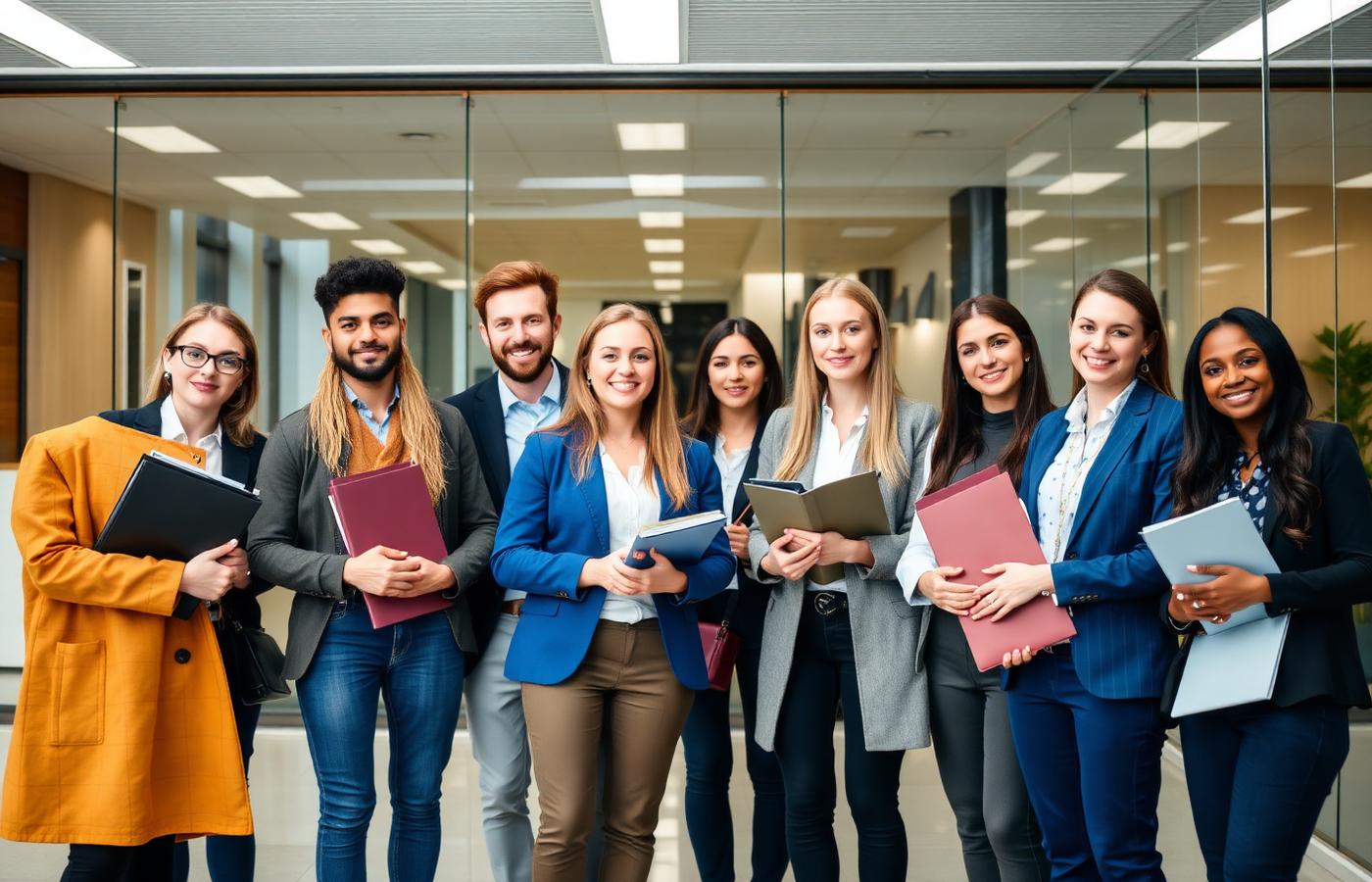 Diverse group of job candidates in a modern office reception