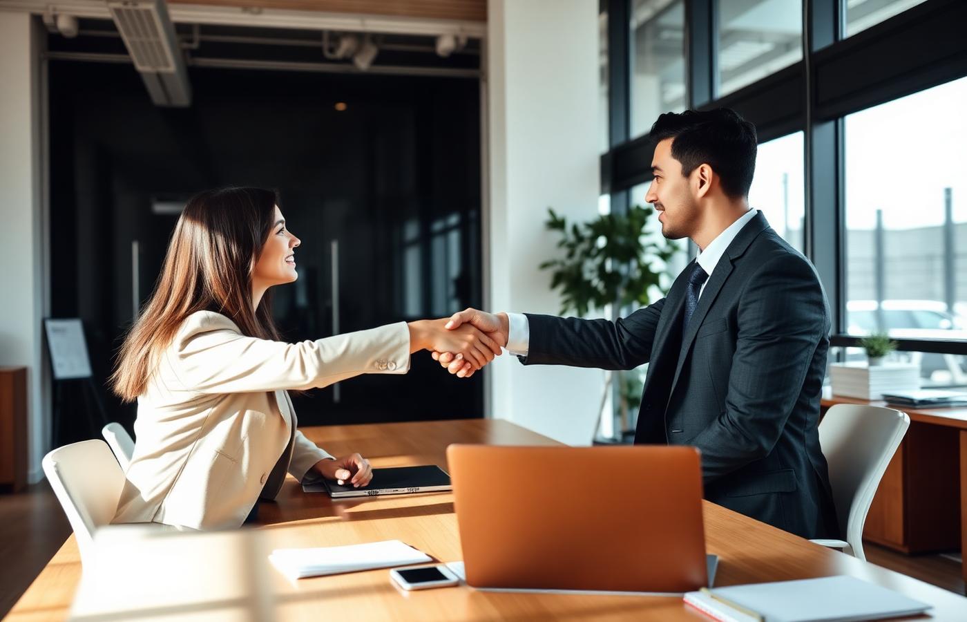 Employer and recruiter shaking hands in a modern office