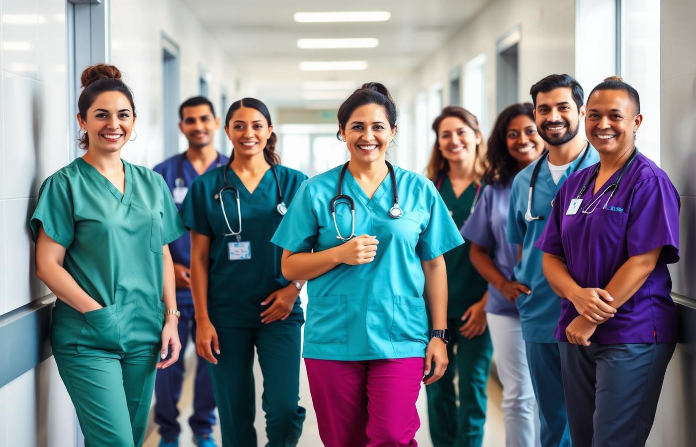 Diverse healthcare professionals in a hospital corridor