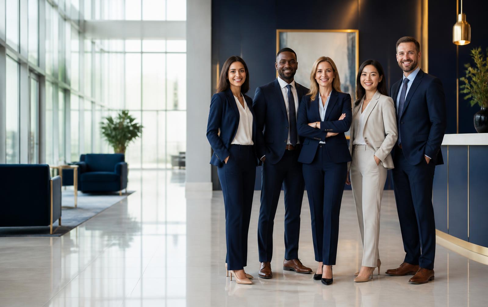 Diverse team of staffing professionals in a modern corporate office